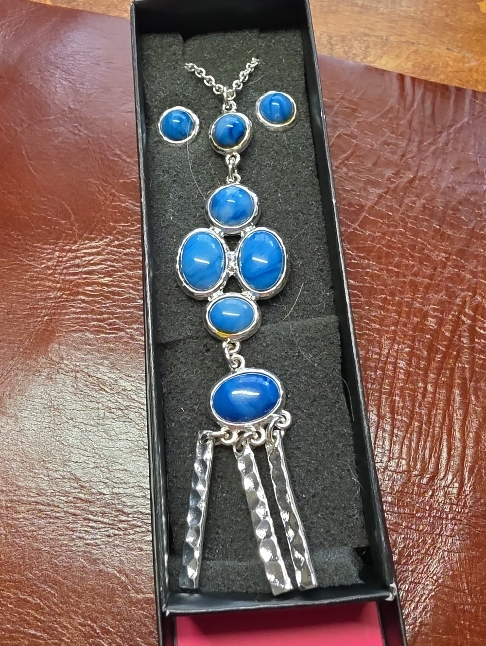 Blue Stone Pendant Necklace and Stud Earrings Set